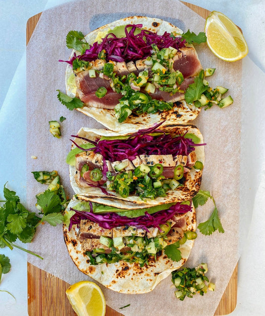 Asian style tuna tacos with a cucumber salsa