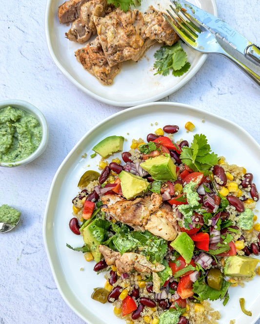 Mexican inspired quinoa salad with Cajun chicken and a jalapeño mayo