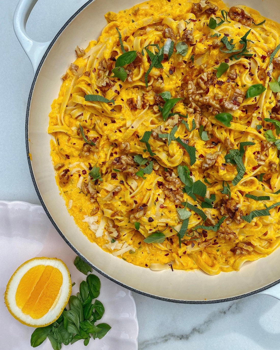 Pumpkin sage pasta with candied walnuts