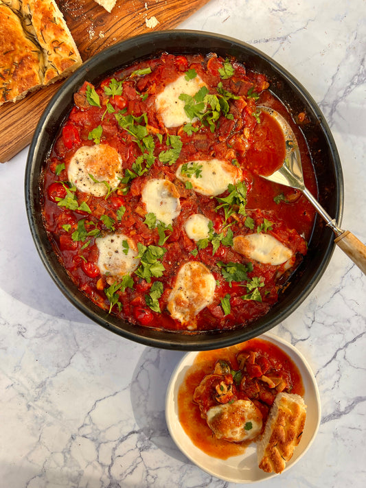 Chicken, bacon, mushroom tomato bake topped with mozzarella