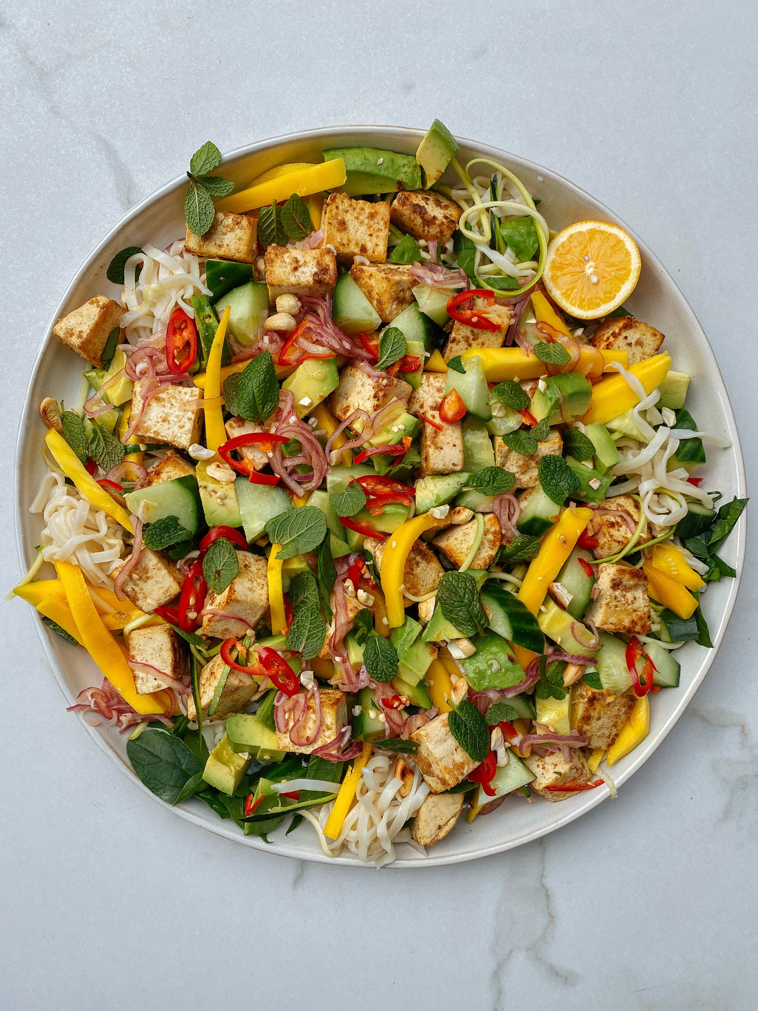 Thai inspired crispy tofu noodle salad