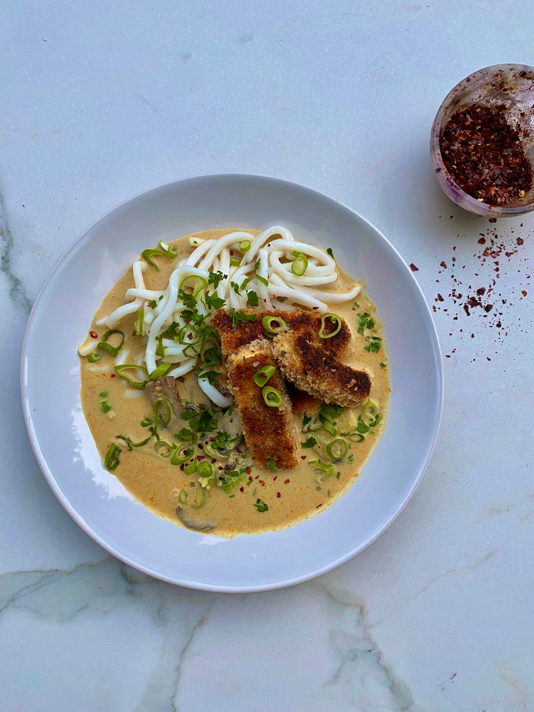 Creamy laksa with crispy Cajun tofu