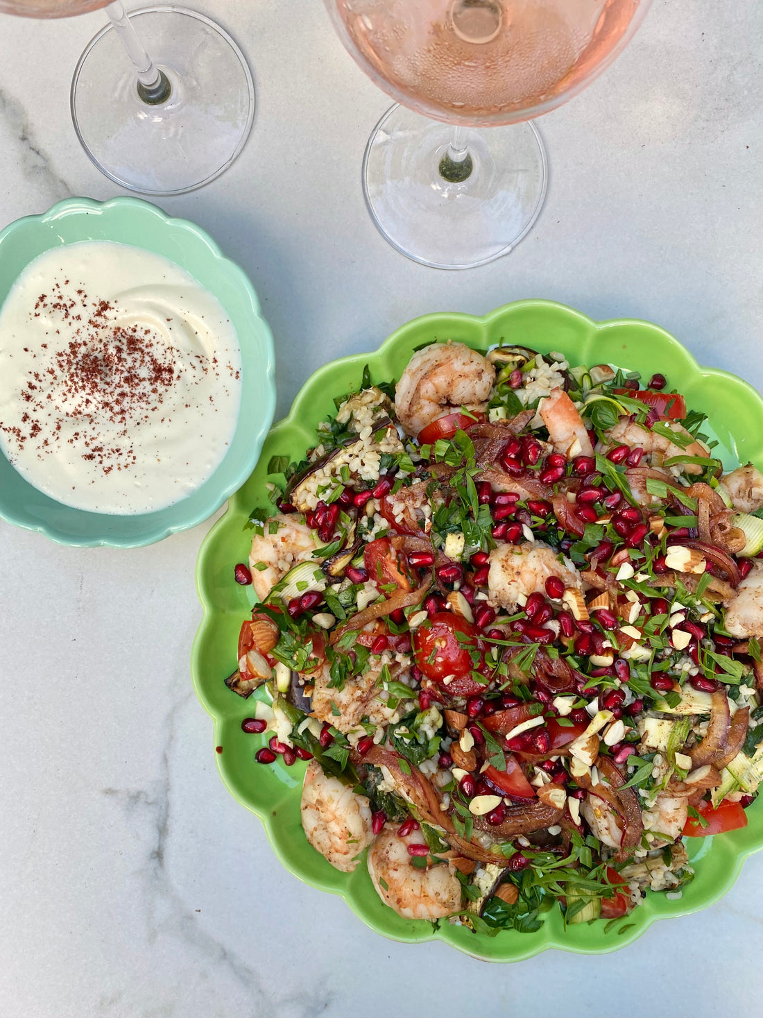 prawn and brown rice salad with roasted eggplant