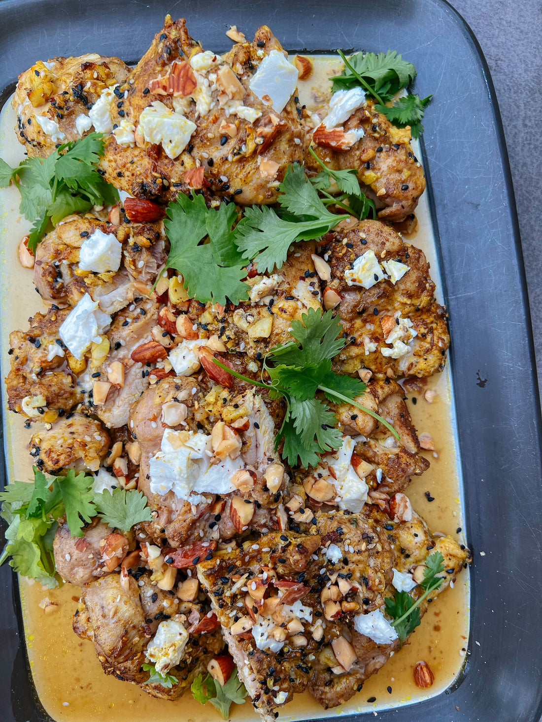 Baharat spiced chicken with feta and tamari almonds