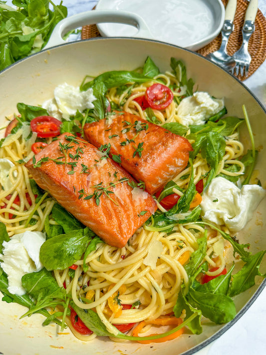 Summer cherry tomato spaghetti with crispy salmon