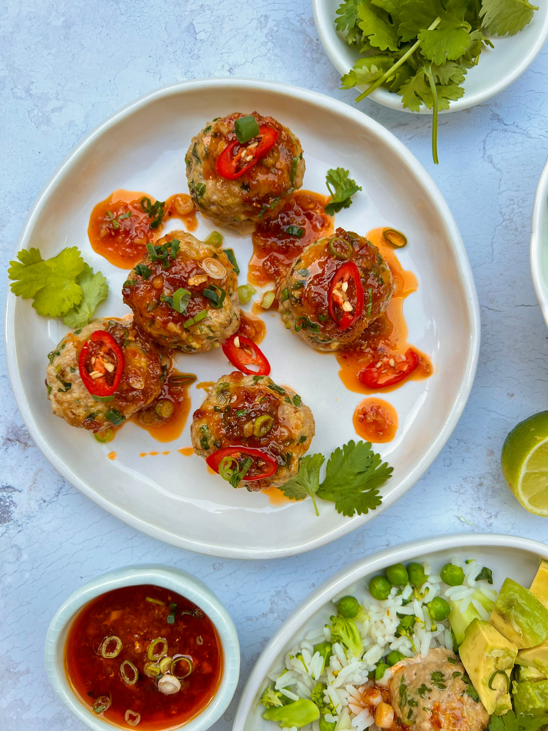 Sticky pork meatballs with a garlic, honey chilli sauce