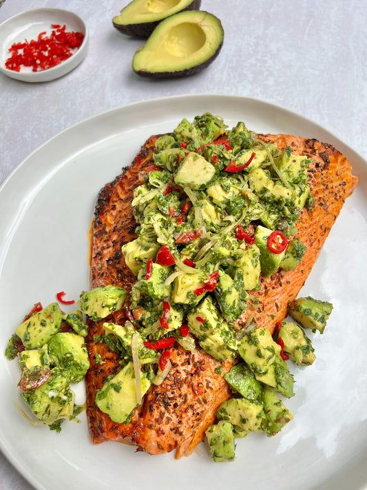 Salmon with an avocado herb salsa