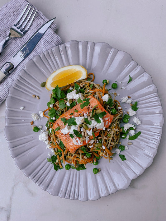 Soba & carrot noddle pesto situation with garlic salmon