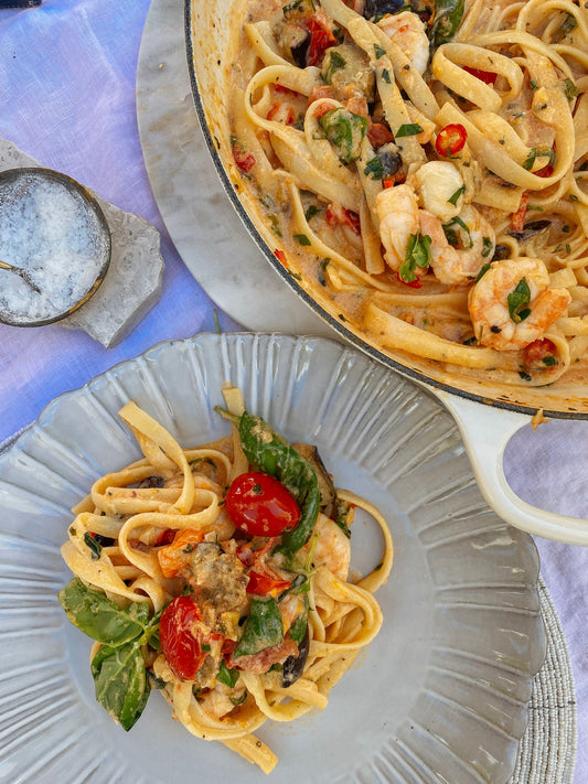 Creamy prawn and eggplant pasta