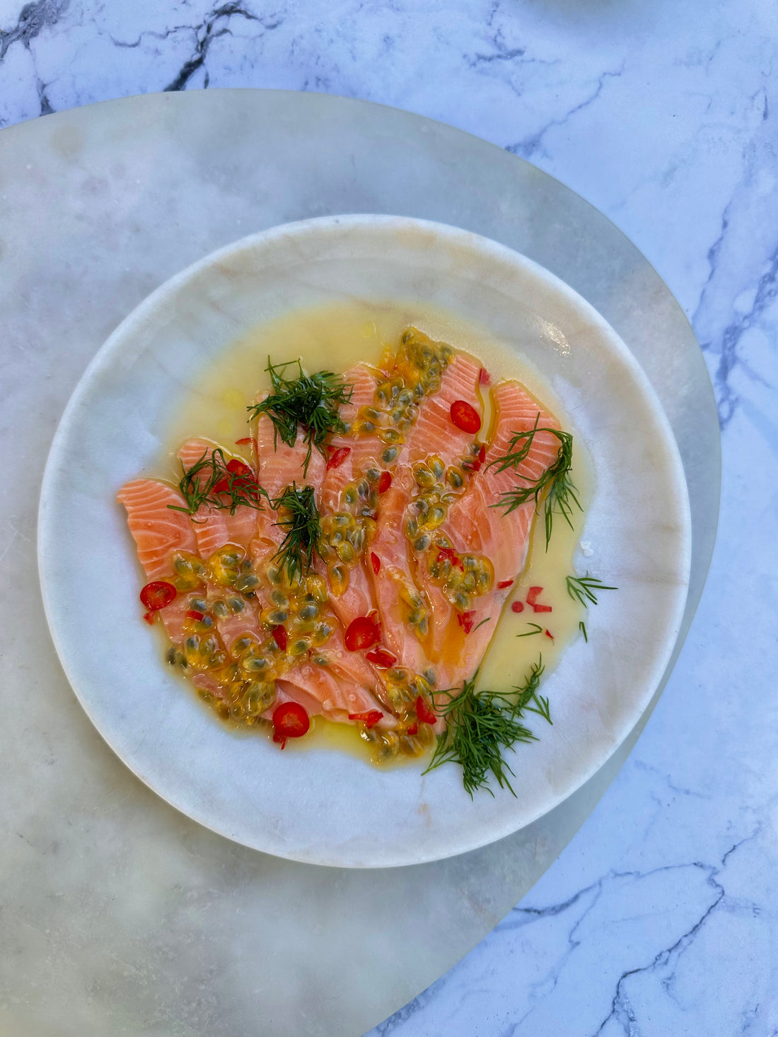 Beautiful Passionfruit Salmon Crudo