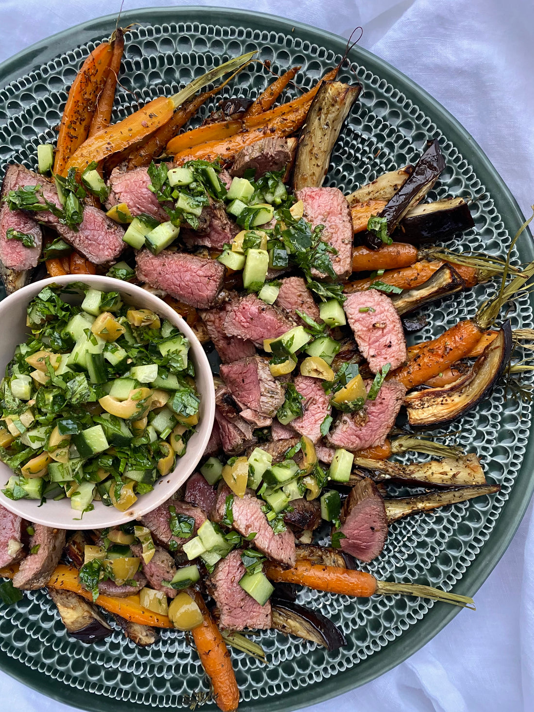 Greek inspired lamb with roast vegies & a cucumber olive salsa