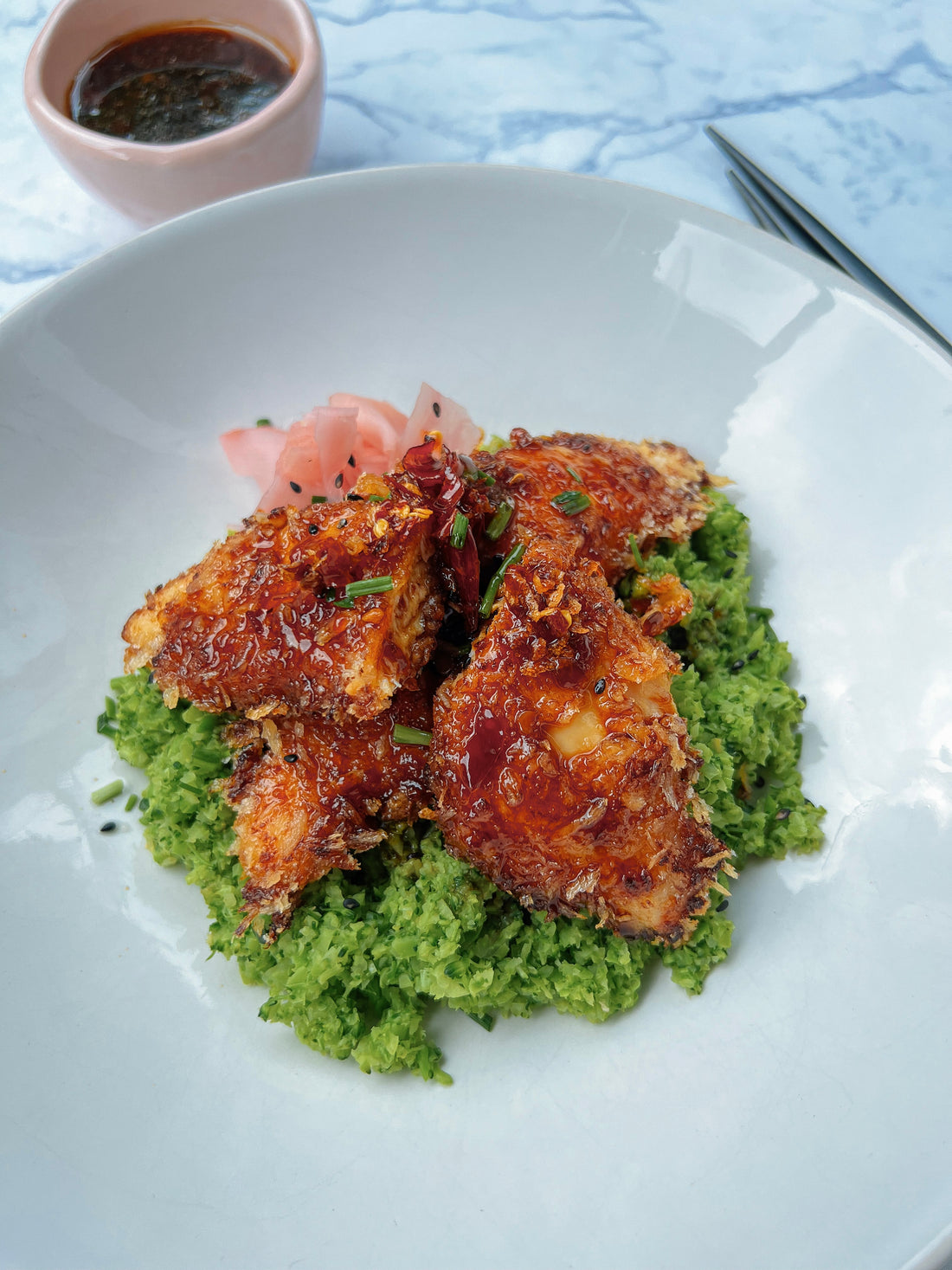 Miso honey crumbed chicken with a broc & pea mash