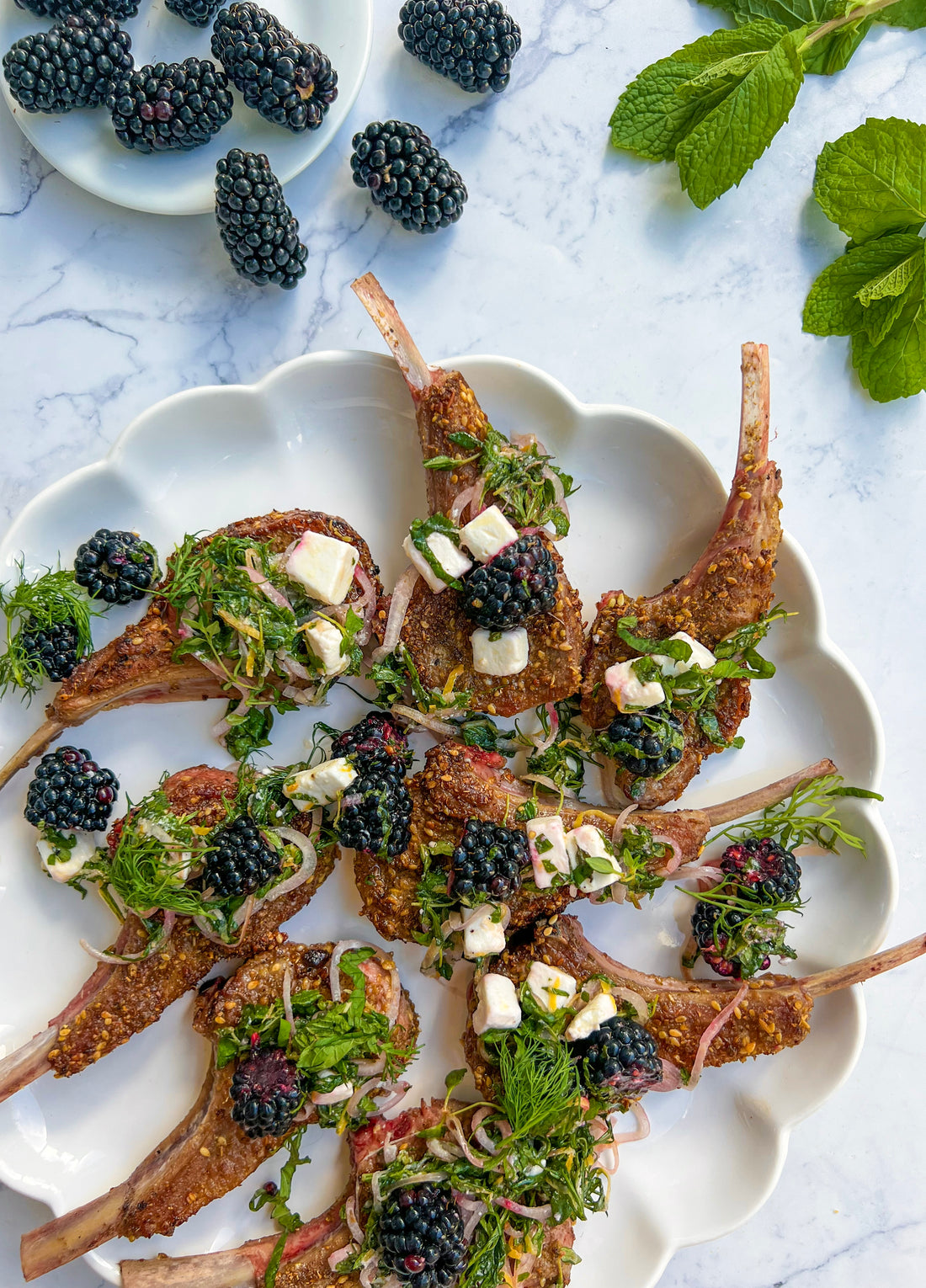 Dukkah crusted lamb racks with a blackberry feta salsa