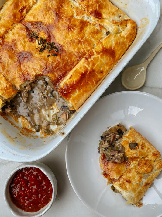 Creamy Parmesan chicken, bacon, mushroom pie