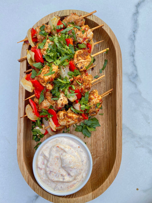 Harissa chicken skewers with a yoghurt sauce