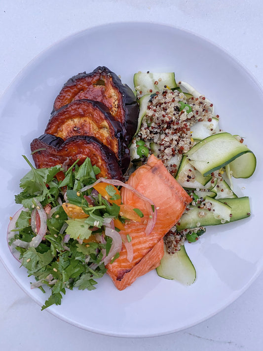 Asian Salmon Bowl with Miso Eggplant