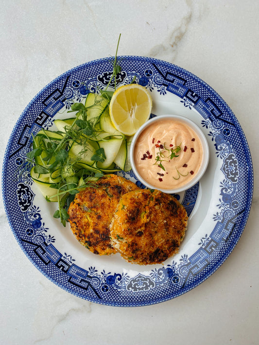 Crispy smoked fish and Kumara cakes