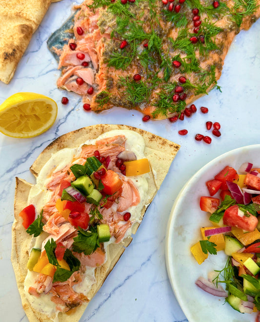 Za’atar salmon flatbreads with a zesty feta yoghurt sauce and fresh salsa