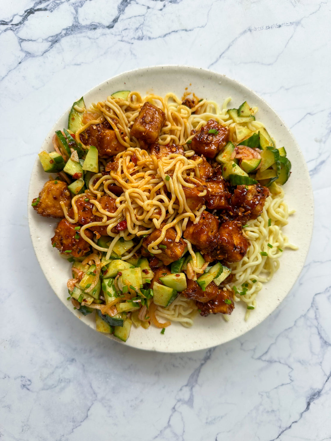 Quick and easy tofu noodles with pickled cucumber