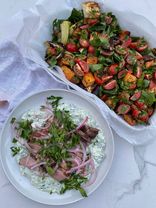 BBQ lamb leg & roasted Middle Eastern veggies