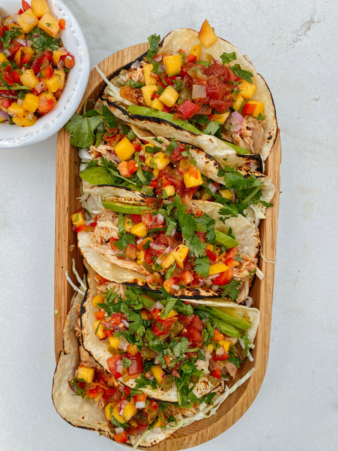 Pulled chicken tacos with a nectarine salsa