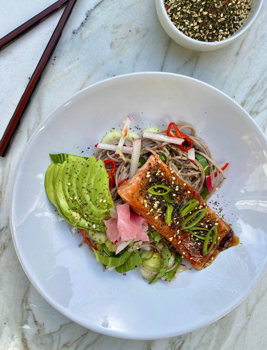 Teriyaki salmon with a soba noddle salad.