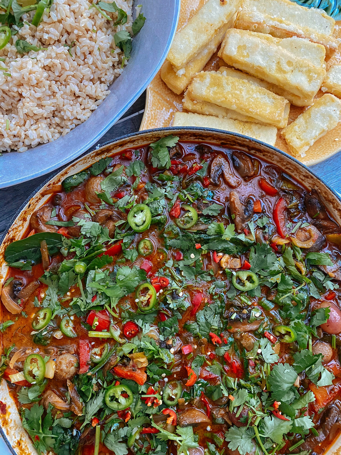 Vege red curry with crispy pork belly or crispy pan fried tofu (or both)