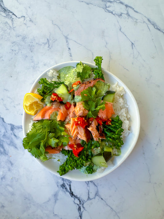 Dukkah crusted salmon bowls with a jalapeño mayo