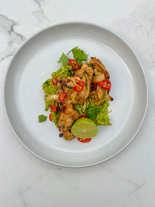 Panang chicken with broccoli, pea & Kumara mash