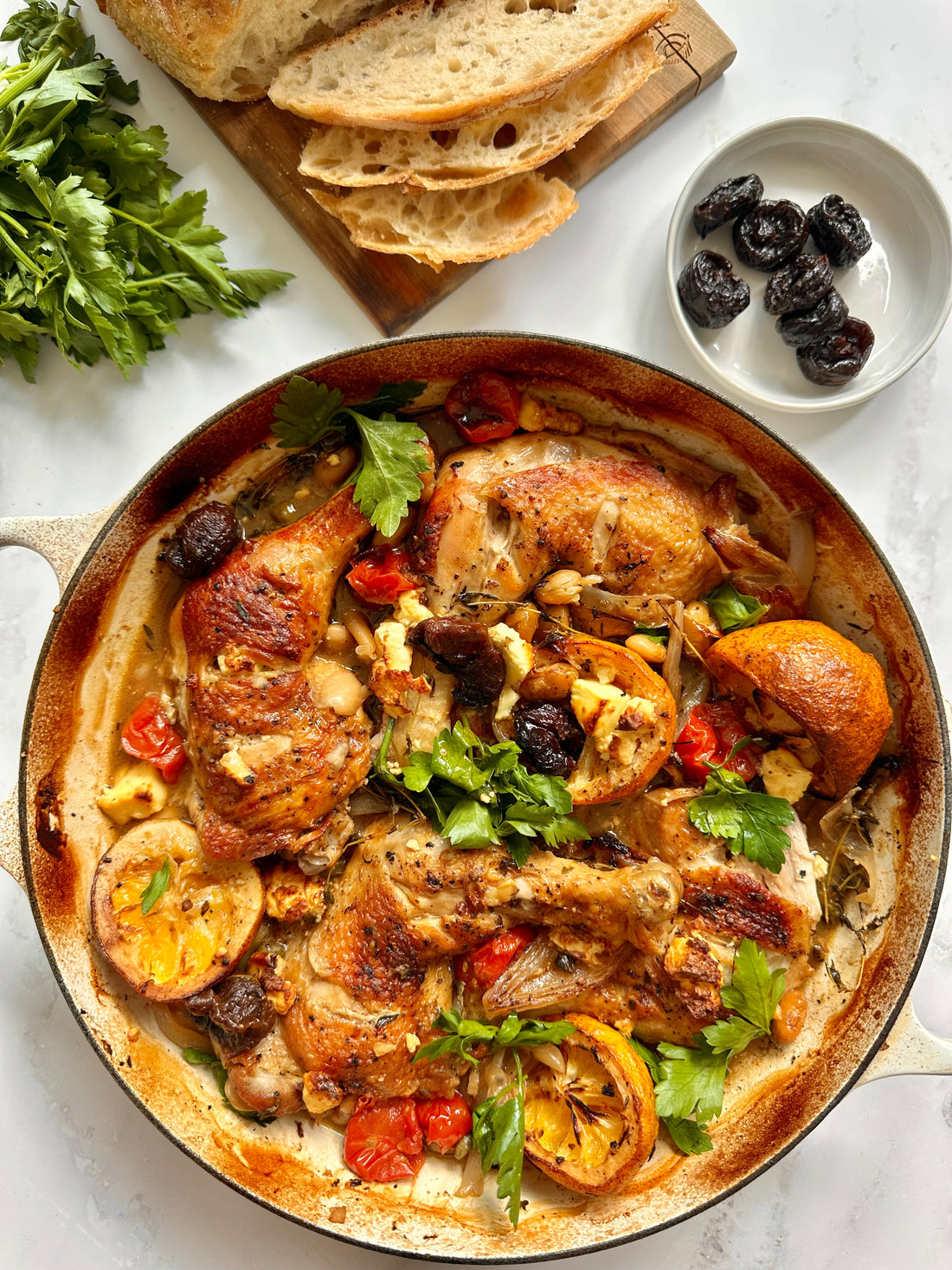 Herby, chicken, lemon and prune bake