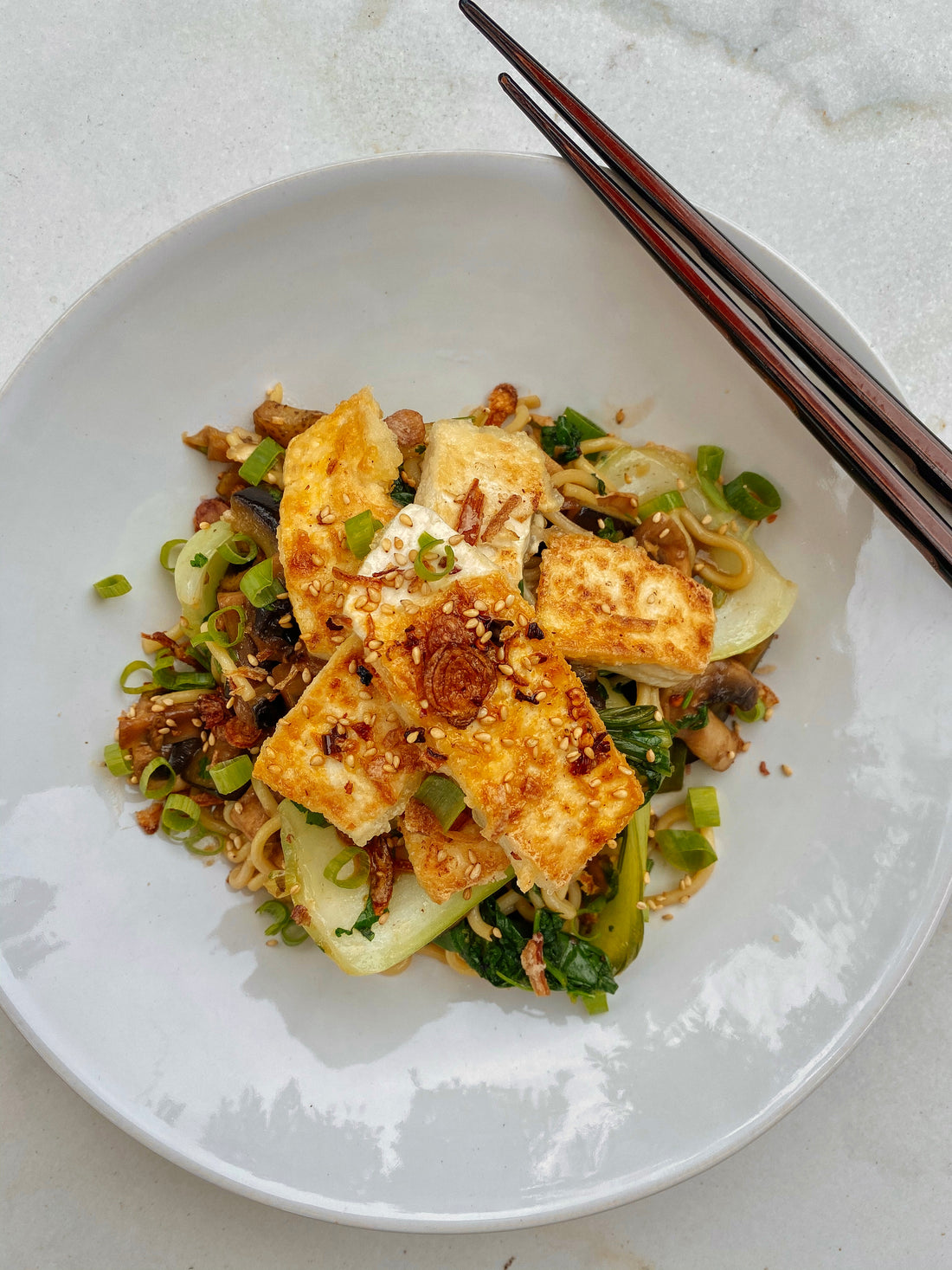 Crispy tofu eggplant noodle stir fry