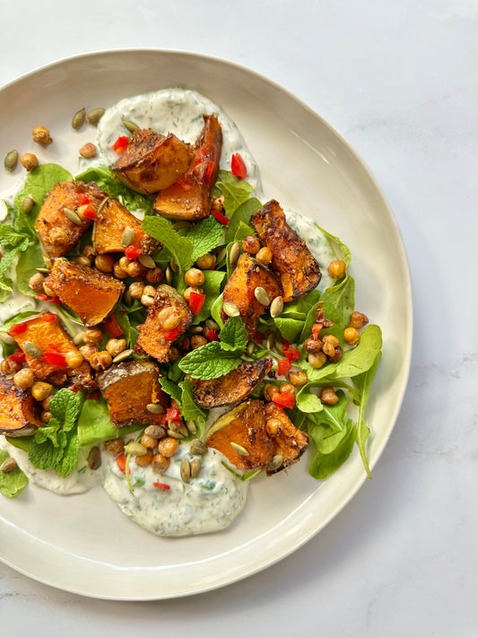 Dukkah spiced pumpkin with a herby coconut dressing.