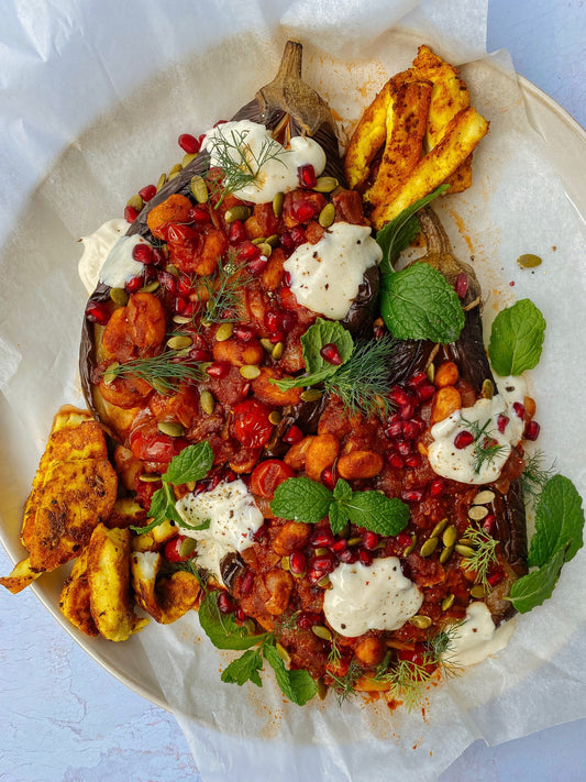 Middle eastern inspired butterbean stuffed eggplant