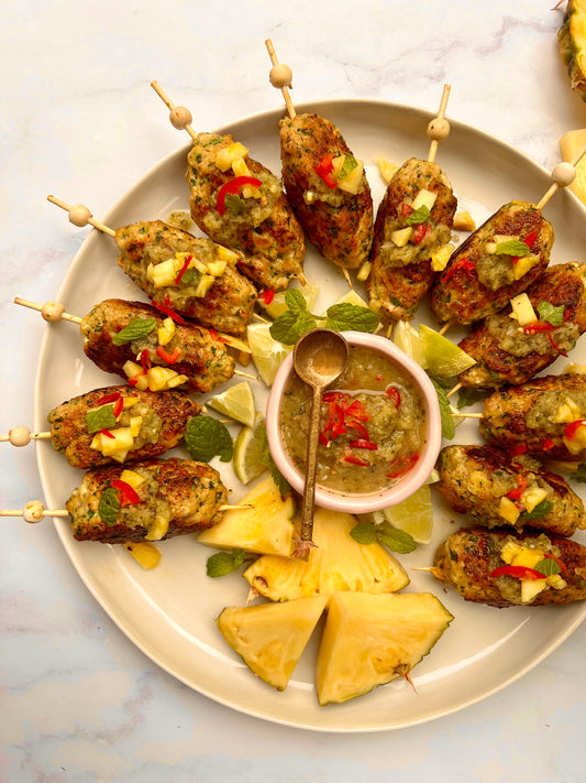 Thai inspired fish koftas with a grilled pineapple Nahm Jim sauce