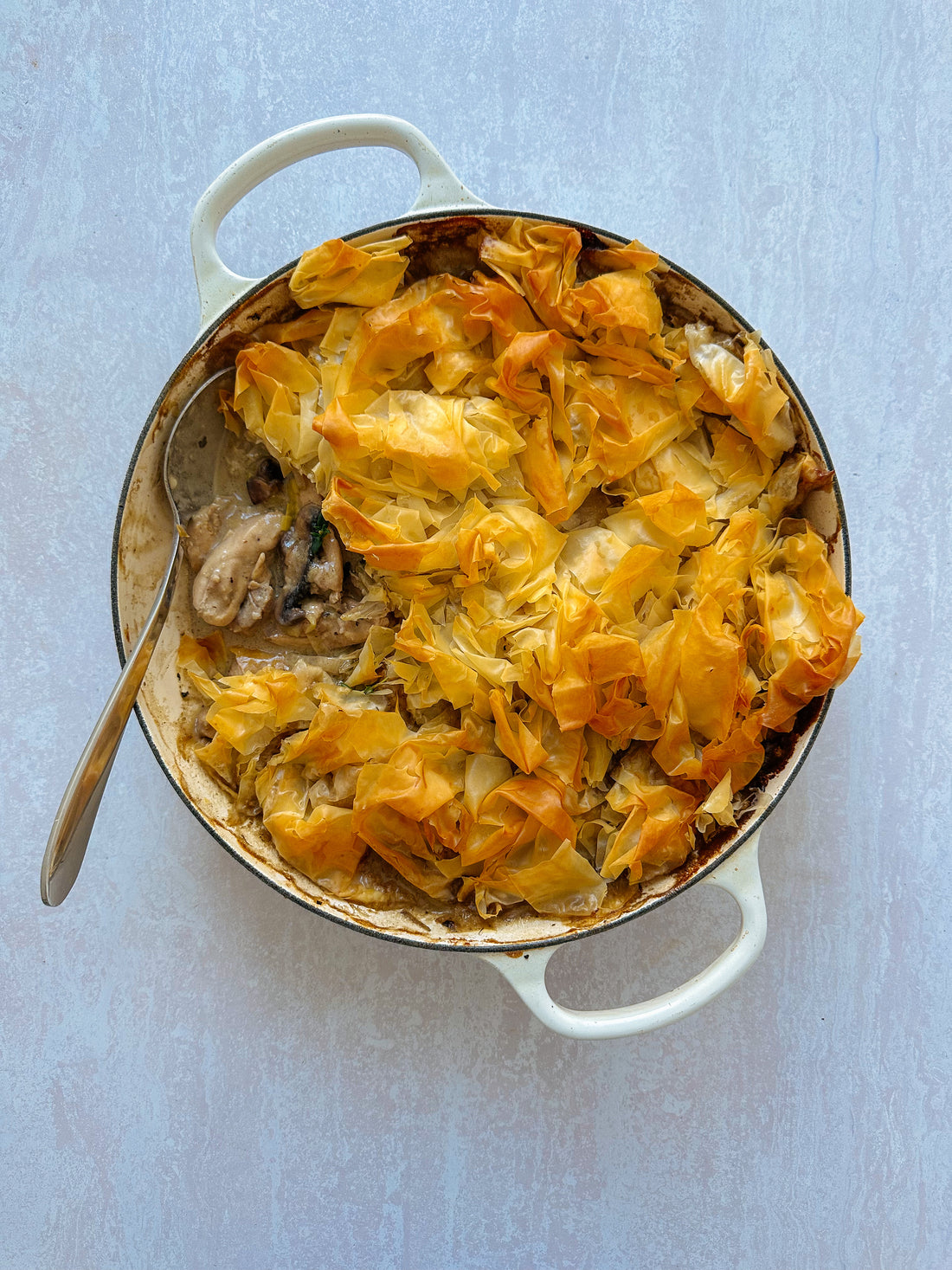 Chicken, leek & mushroom filo pie.