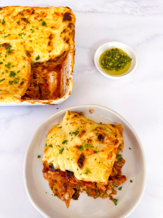 Chicken lasagne with pumpkin and & pesto.